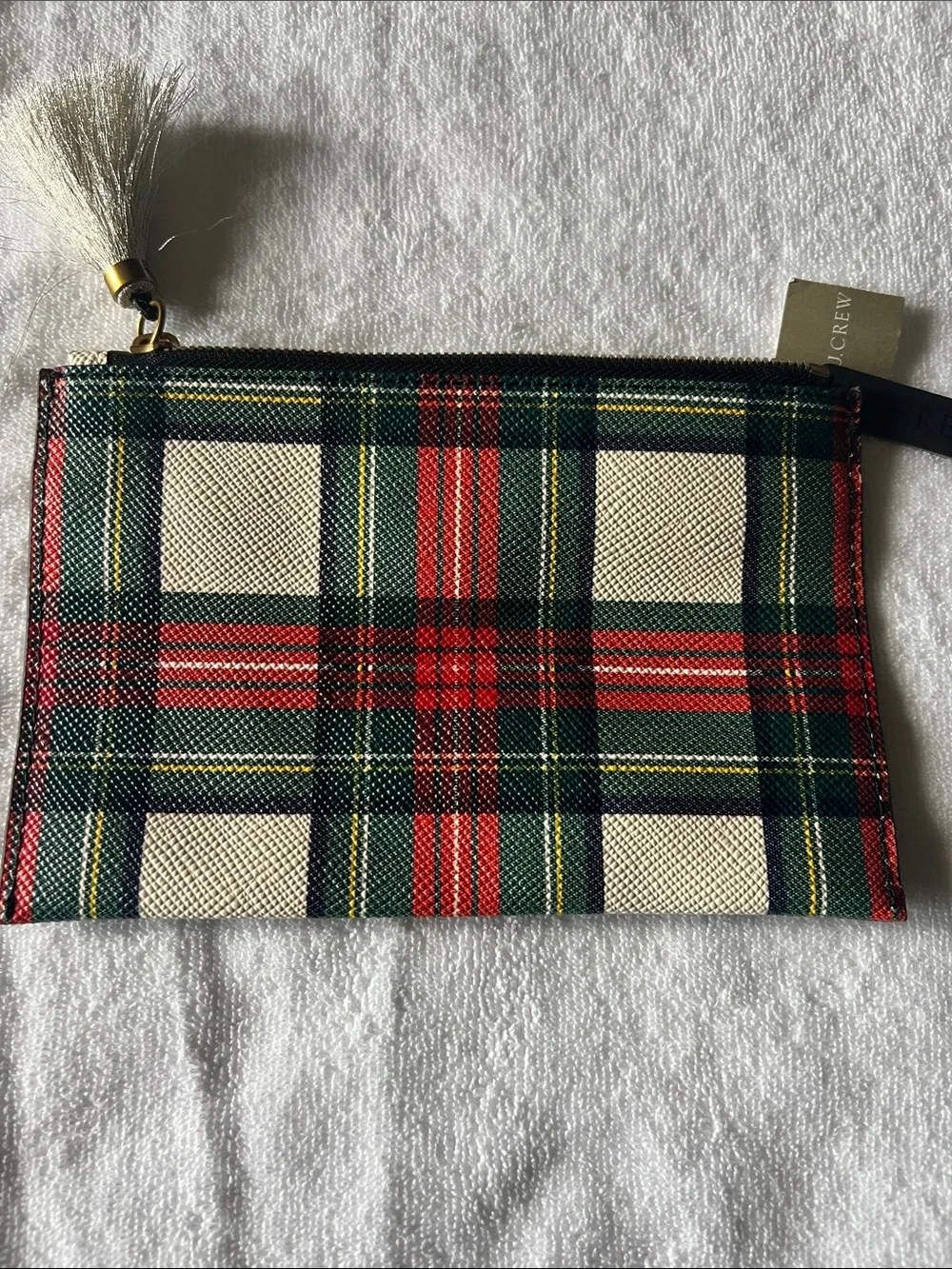 J. Crew Tartan Plaid Zip small clutch with Tassel